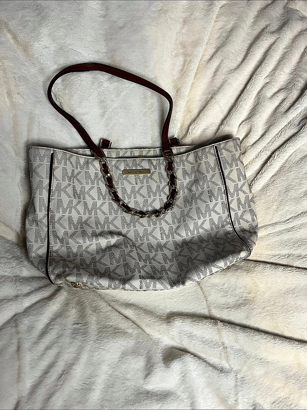 Michael Kors Jet Set Travel Large Chain Shoulder Tote Gray & Brown